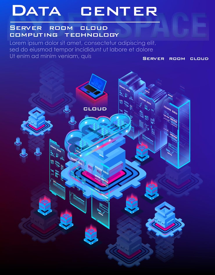 Vector data center and cloud computing isometric concept cloud data for storing and processing information process of work server processing center and data calculation through web hosting