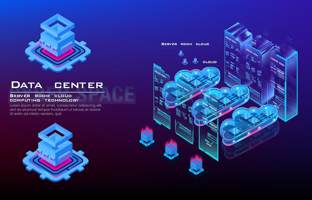 Concetto isometrico di data center e cloud computing dati cloud per la memorizzazione e l'elaborazione delle informazioni processo del centro di elaborazione del server di lavoro e calcolo dei dati tramite web hosting