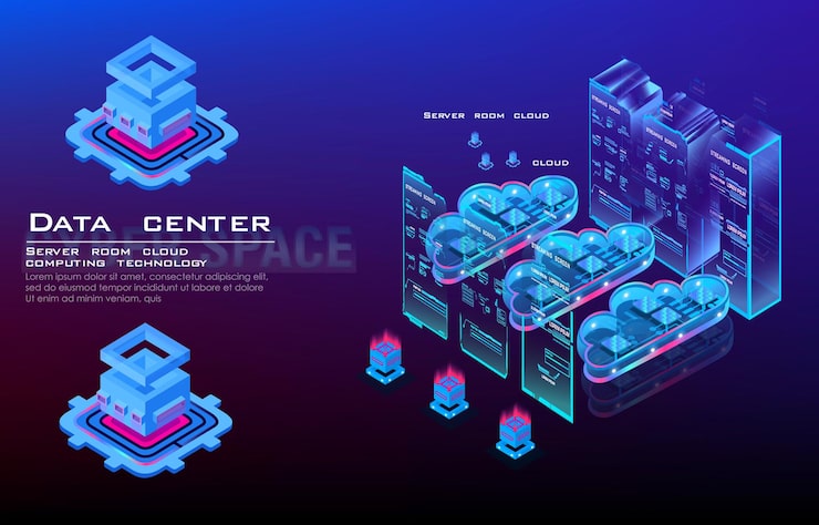 Vector data center and cloud computing isometric concept cloud data for storing and processing information process of work server processing center and data calculation through web hosting