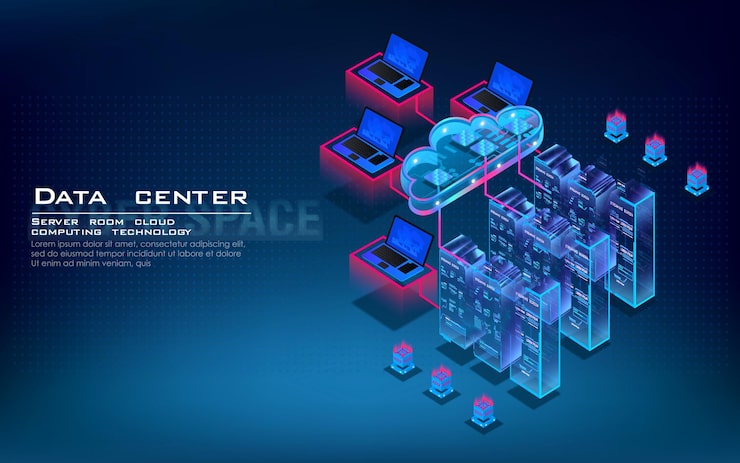 Vector data center and cloud computing isometric concept cloud data for storing and processing information process of work server processing center and data calculation through web hosting