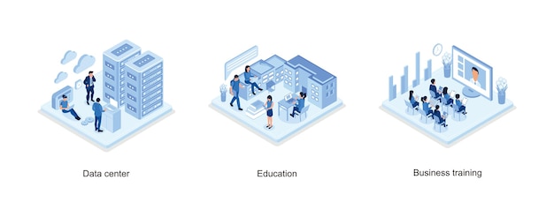 Concetto di data center con carattere gli studenti studiano online nel campus universitario o universitario formazione aziendale o corsi concetto set illustrazione vettoriale isometrica