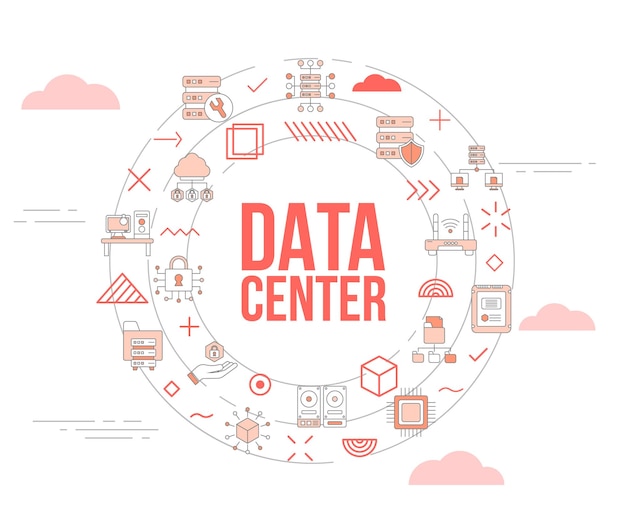벡터 아이콘이 설정된 데이터 센터 개념 템플릿 배너 및 원 원형 모양