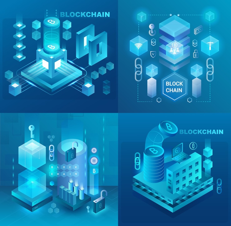Vector data center, cryptocurrency and blockchain technology market isometric  illustrations set