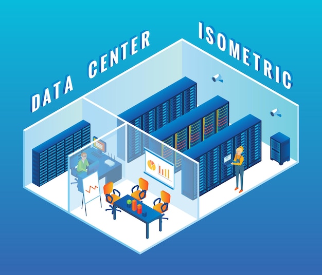 Illustrazione isometrica piana di vettore interno spaccato del data center con sale server, rack di server e personale che lavora lì.