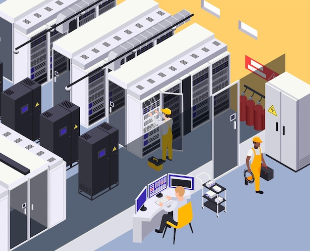 Vector data center facility interior isometric illustration