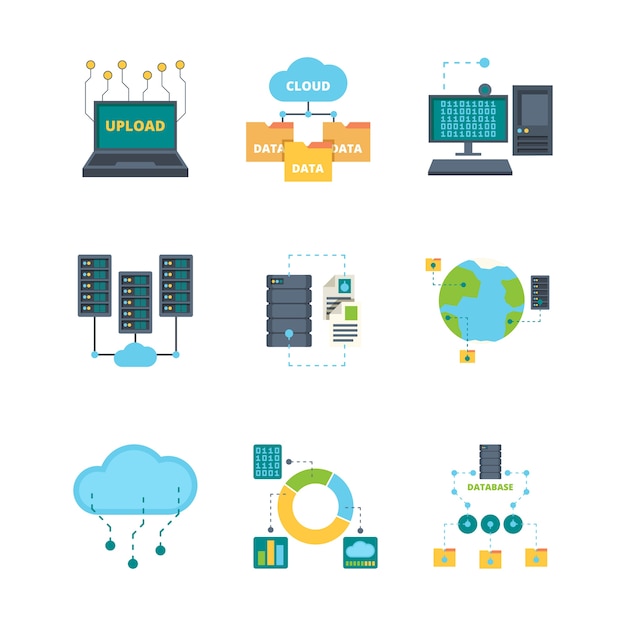 Icona del data center. raccolta di simboli piatti di vettore di rete di computer basi dati di gestione della sicurezza della tecnologia cloud. server cloud di dati di illustrazione, database di rete di archiviazione