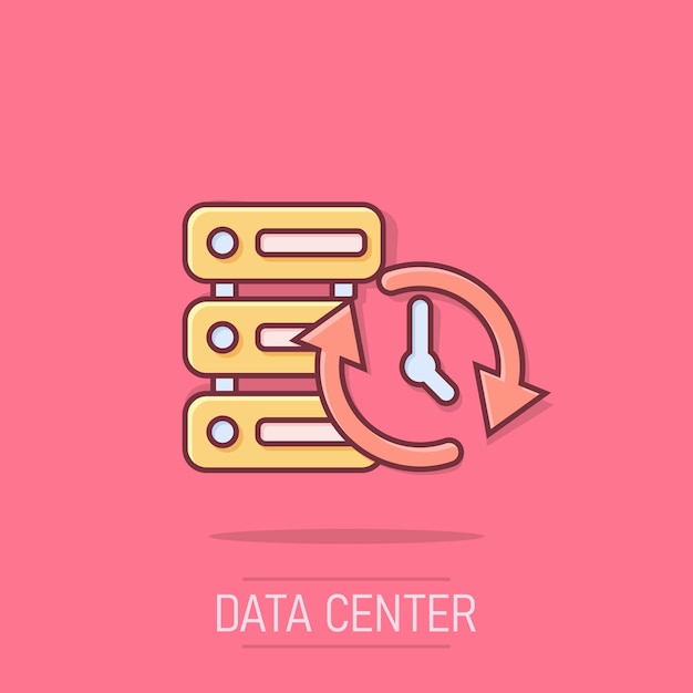 Vector data center icon in comic style clock vector cartoon illustration on white isolated background watch business concept splash effect