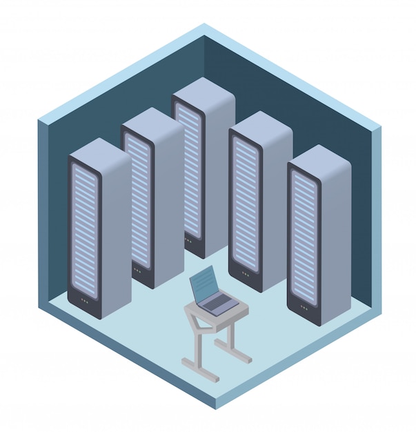 Data center icon, server room.  illustration in isometric projection,  on white.