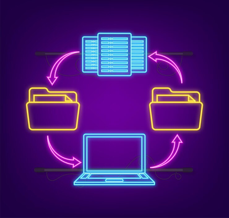 Vector data center information in cartoon style isometric vector database system neon icon