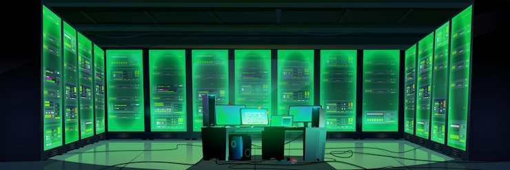 Vector data center interior with storage control panel