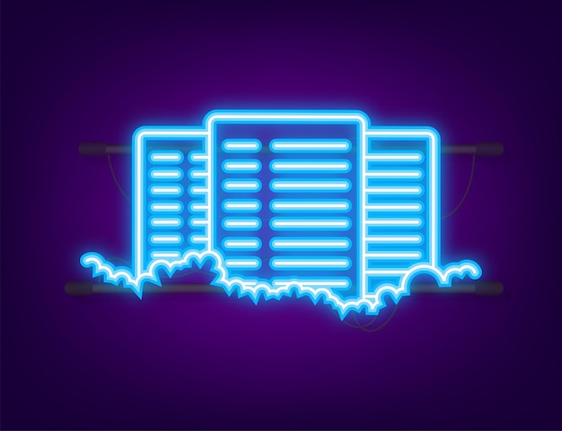 Data center. Neon icon. Mainframe service concept banner, server rack. Server room. Vector illustration.