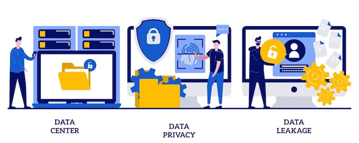 Vector 작은 사람들과 데이터 센터, 개인 정보 보호 및 유출 개념. 인터넷 프라이버시 세트. 컴퓨터 시스템, 원격 저장소, 데이터베이스 네트워킹, 보안 소프트웨어, 해커.