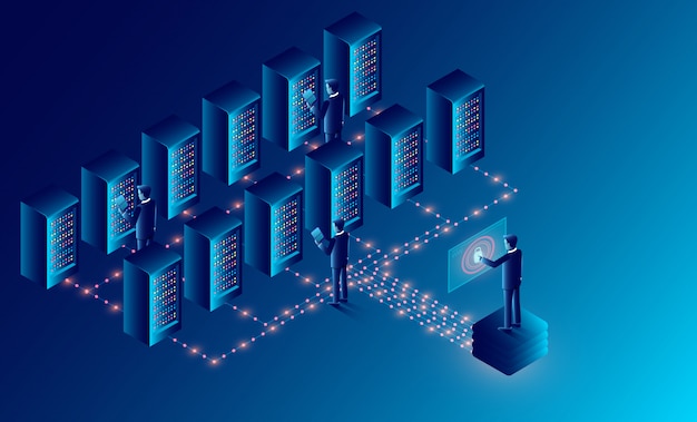 데이터 센터 서버 룸 클라우드 스토리지 기술 및 빅 데이터 처리 데이터 보안 개념을 보호합니다. 등각