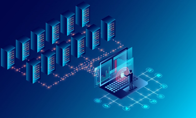 Vector data center server room cloud storage technology and big data processing protecting data security concept. isometric