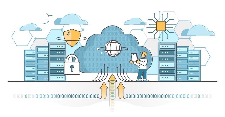 Vector data center servers for cloud hosting and storage service outline concept. information database technology with secure backup and encryption  illustration. global internet files upload system.