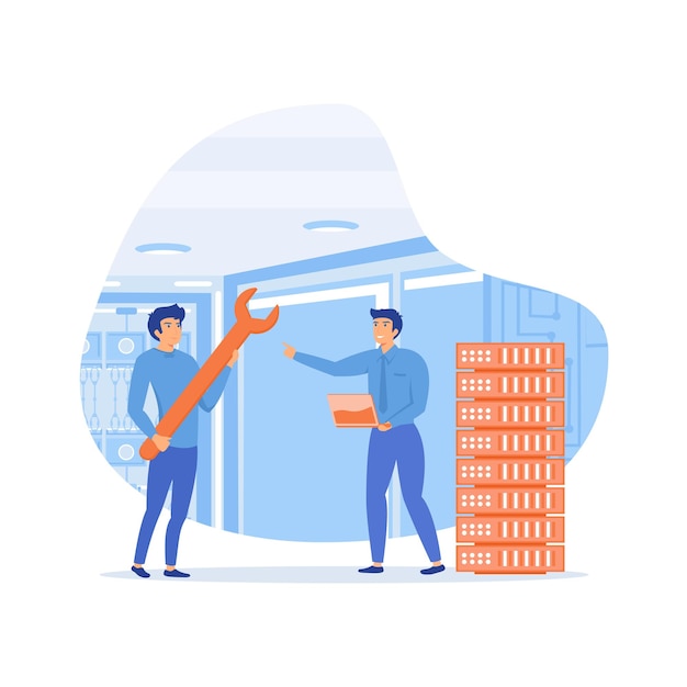 Data center Service engineers administrators set up data centers flat vector modern illustration