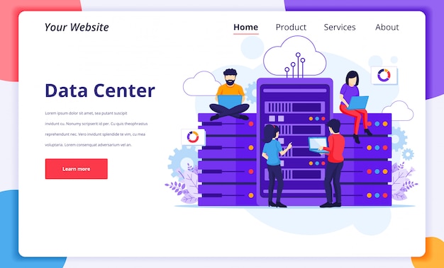 Data Center Services concept, People using laptops access files data in front of giant servers. landing page design template