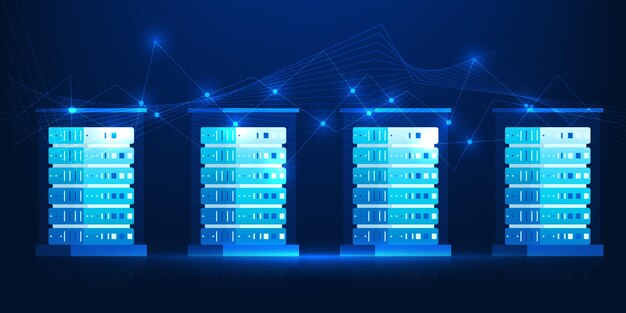 Data Center Technology Background with Server Racks and Water Cooling System High Performance Data Storage Network Infrastructure Cloud Computing Secure Data Processing Energy Efficient Cooling