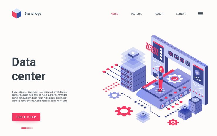 Vector data center technology isometric landing page big workstation hardware equipment
