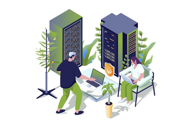 Vector 3d 아이소메트릭 디자인의 데이터 센터 웹 개념 서버실에서 일하는 사람들은 사이버 보안 벡터 웹 일러스트레이션을 사용하여 하드웨어 호스팅 서비스에서 데이터 처리를 유지 관리하고 제어합니다.