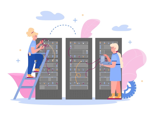 Data center with employees maintaining hosting server