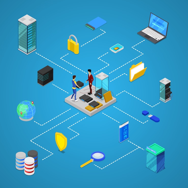 Vector data center with hosting servers equipment infographic