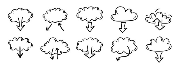 Data cloud met pijl voor internet database digitale opslag doodle handgetekende icoon set Outline tekening data cloud server lijn clipart symbool verzameling