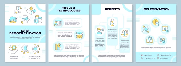 Data democratization brochure template leaflet design with linear icons 4 vector layouts
