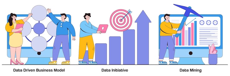 Vector 데이터 기반 비즈니스 모델, 데이터 이니셔티브, 작은 사람들과의 데이터 마이닝 개념. 기계 학습 및 데이터베이스 시스템 추상적인 벡터 일러스트 레이 션 세트입니다. 컴퓨터 과학, 코드 분석 은유.