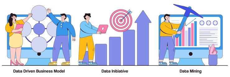 Vector data driven business model, data initiative, data mining concept with tiny people. machine learning and database systems abstract vector illustration set. computer science, code analysis metaphor.