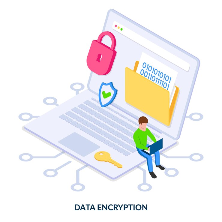 Vector data encryption concept isometric illustration on white background