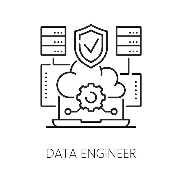 Data engineer or it specialist icon of digital business web and internet development line vector data software engineer or web engineering specialist pictogram in thin outline of server cloud