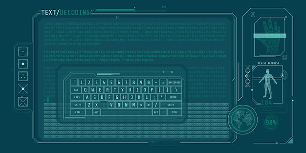Data entry and text decoding on futuristic interface screen