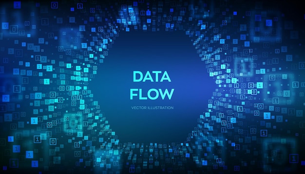Data Flow Binary data flow tunnel Virtual tunnel warp Coding programming or hacking concept Abstract futuristic cyberspace Big data Digital code with digits 10 Vector Illustration
