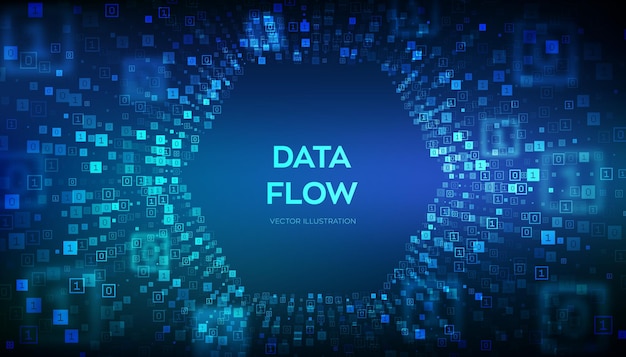 Flusso di dati tunnel del flusso di dati binari warp del tunnel virtuale programmazione di codifica o concetto di hacking cyberspazio futuristico astratto big data codice digitale con cifre 10 illustrazione vettoriale