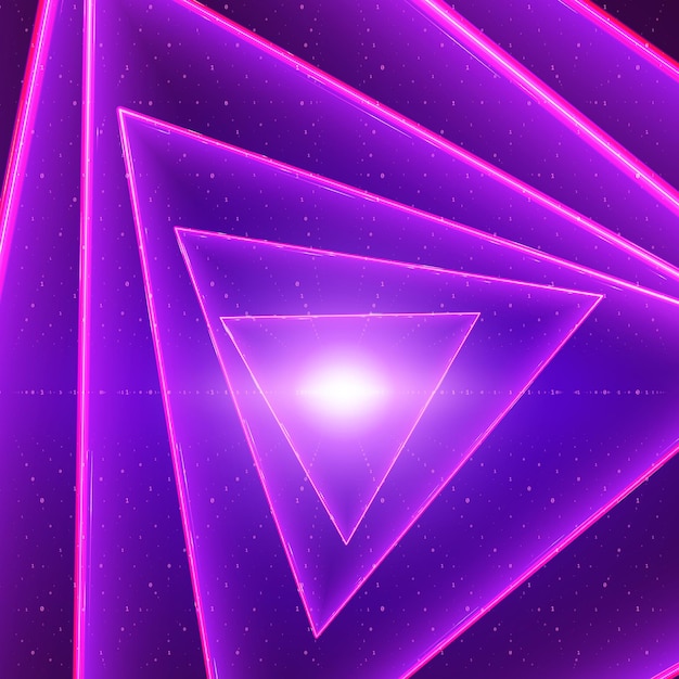 データフローの視覚化の背景。バイナリ文字列としての紫色のビッグデータフローの三角形の光るツイストトンネル。