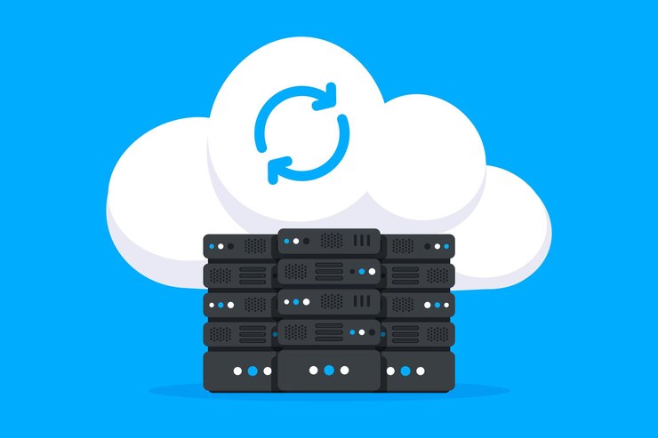 Vector data hosting servers connected to cloud cloud data storage data storage network technology online cloud computing server cabinets memory and information transfer security and protection