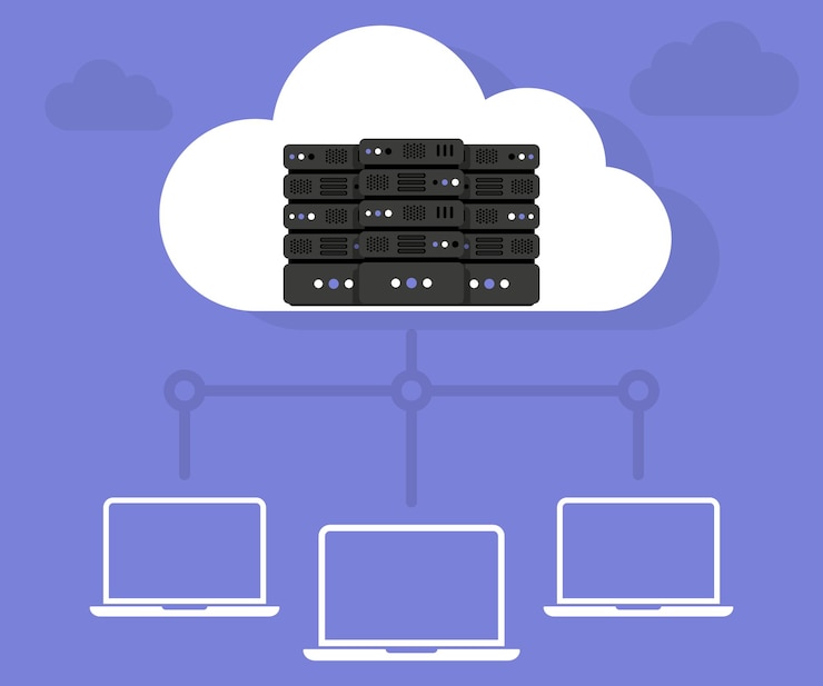 Vector data hosting servers connected to cloud cloud data storage data storage network technology online cloud computing server cabinets memory and information transfer security and protection