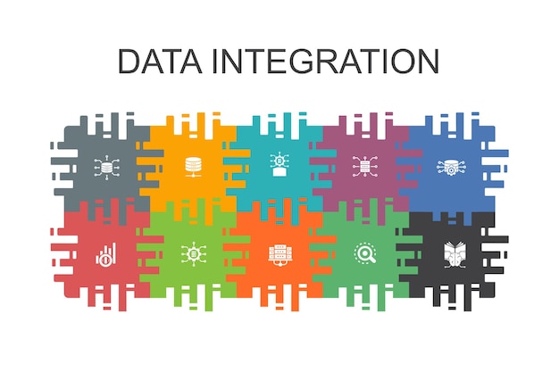 Vector data integration cartoon template with flat elements contains such icons as database data scientist analytics machine learning