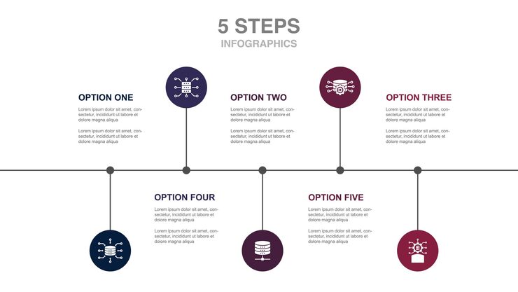 Vector data integration database data scientist data storage data processing icons infographic timeline layout design template creative presentation concept with 5 steps