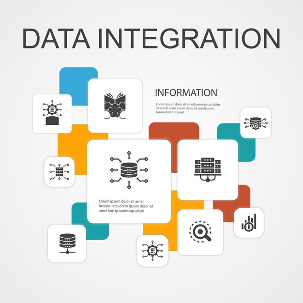 Integrazione dei dati modello di icone di 10 linee di infografica. database, data scientist, analisi, icone semplici di apprendimento automatico