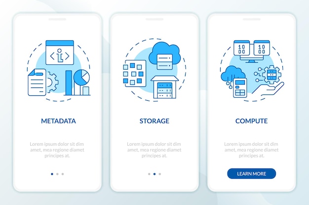Data lake en warehouse blue onboarding mobiele app-scherm