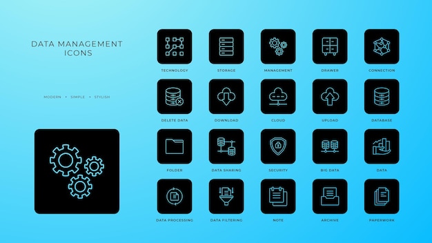 Data management icons collection with black filled line style information digital database computer analytics folder storage Vector illustration