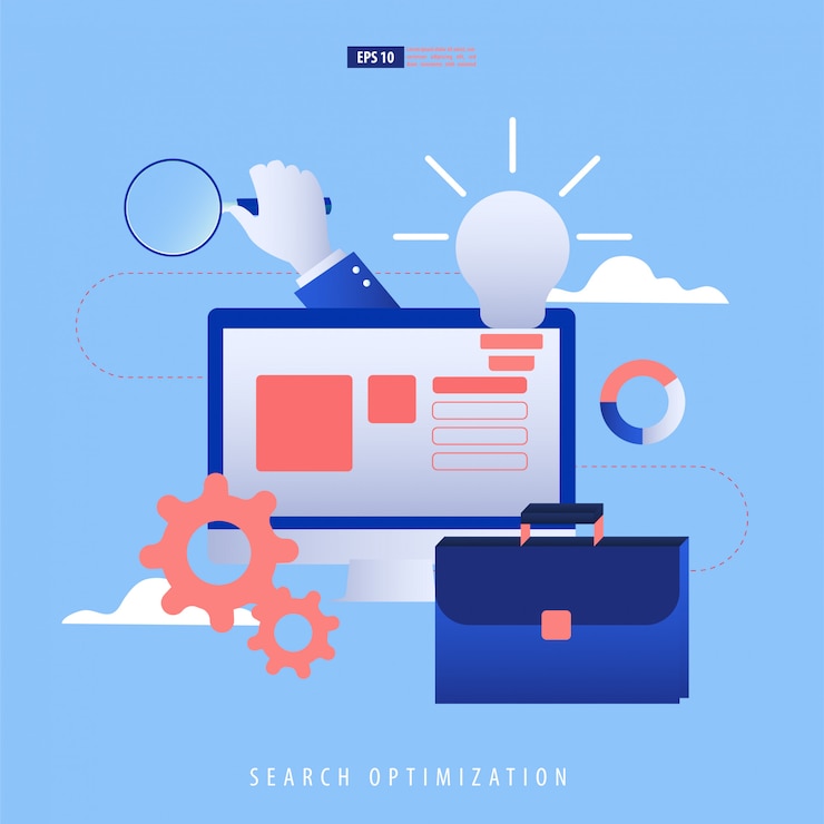 Vector data management and  seo concept. laptop, website, data, bag, magnify.