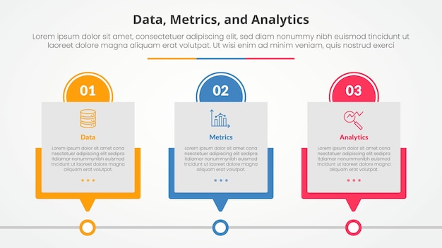 Data metrics and analytics infographic concept for slide presentation with box timeline table with circle header with 3 point list with flat style