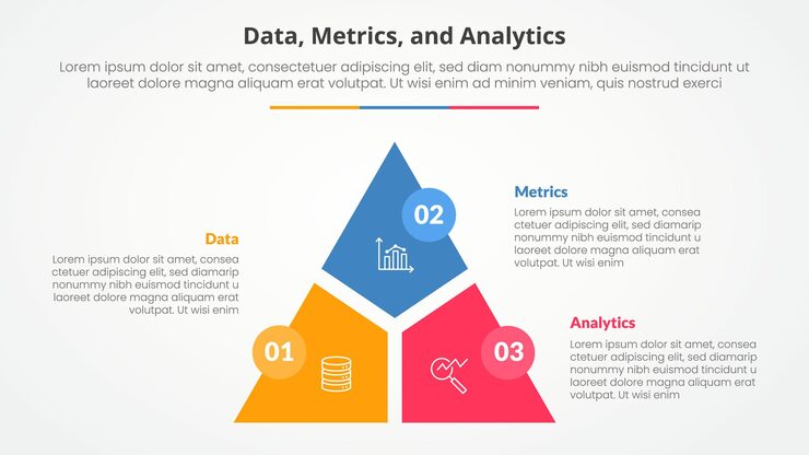 Vector data metrics and analytics infographic concept for slide presentation with triangle cycle circular slice divide and circle badge with 3 point list with flat style