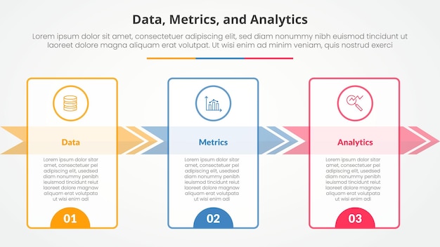 Data metrics and analytics infographic concept voor slide presentatie met grote omtrek tabel en pijl rechter richting met 3 punt lijst met platte stijl