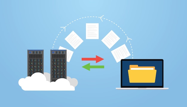 Vettore migrazione dei dati su server e computer con un concetto di file di trasferimento con un moderno stile piatto