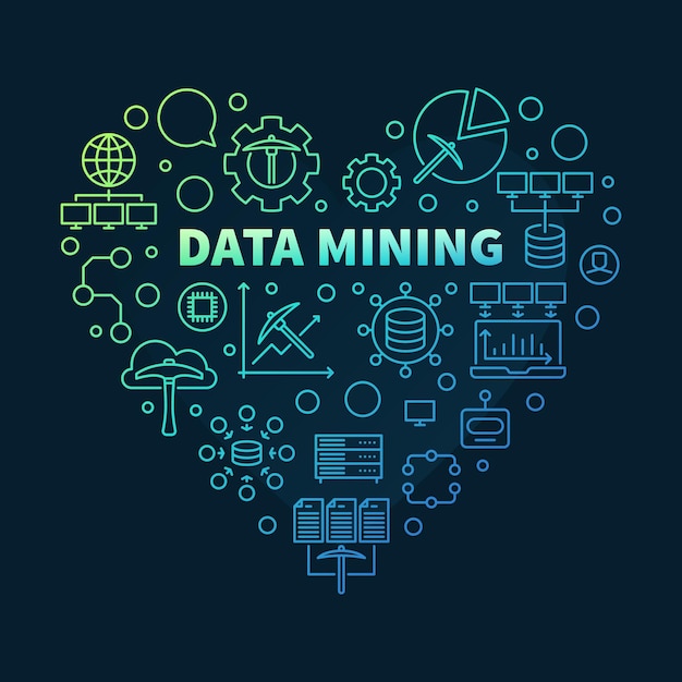 Data mining heart colored banner in thin line style database analytics concept heartshaped illustration with dark background