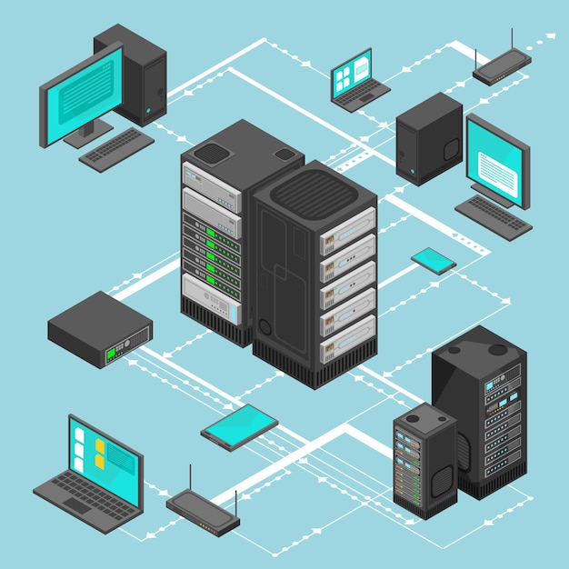 Vector data network management isometric map with business networking servers